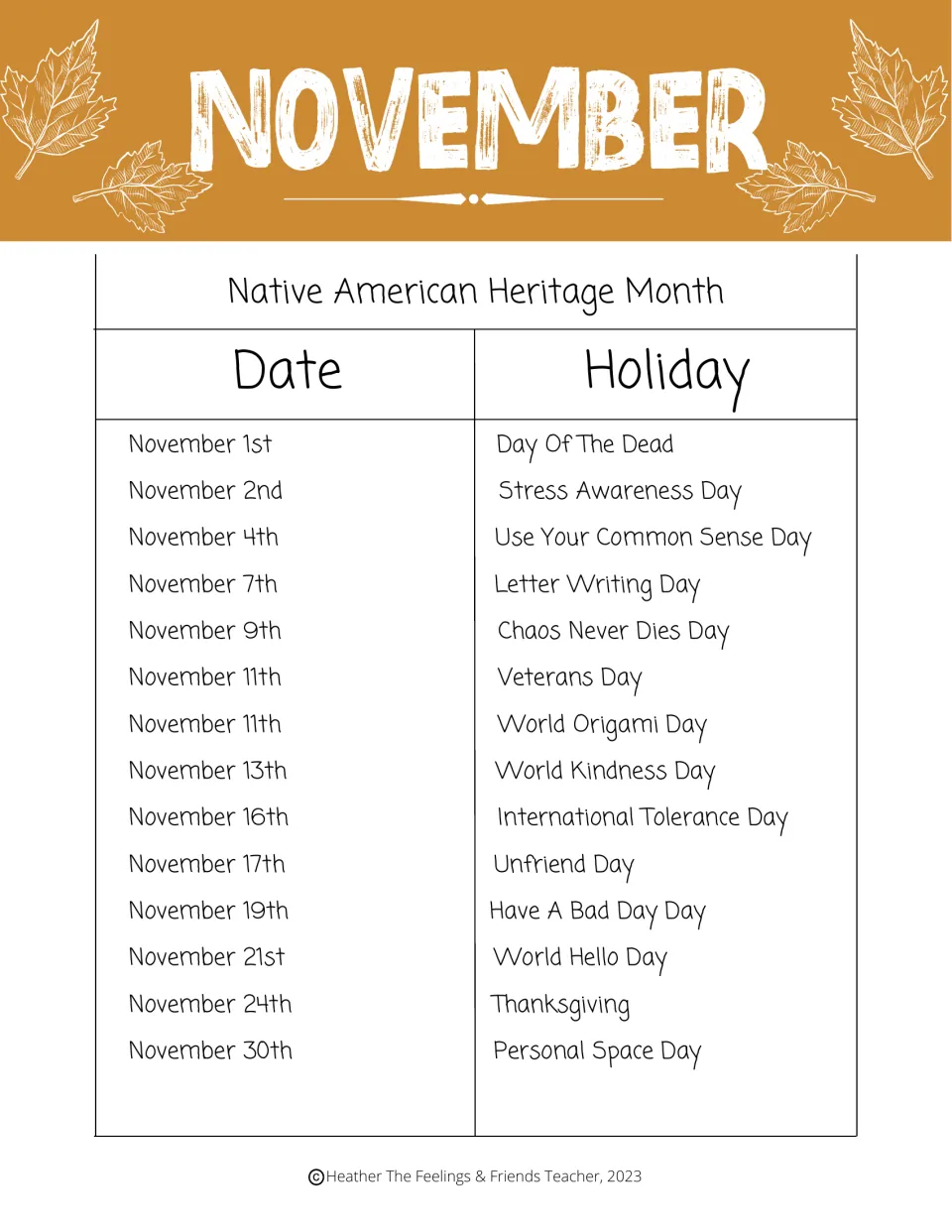 November holiday list: Native American Heritage Month, World Kindness Day, Thanksgiving, and Personal Space Day