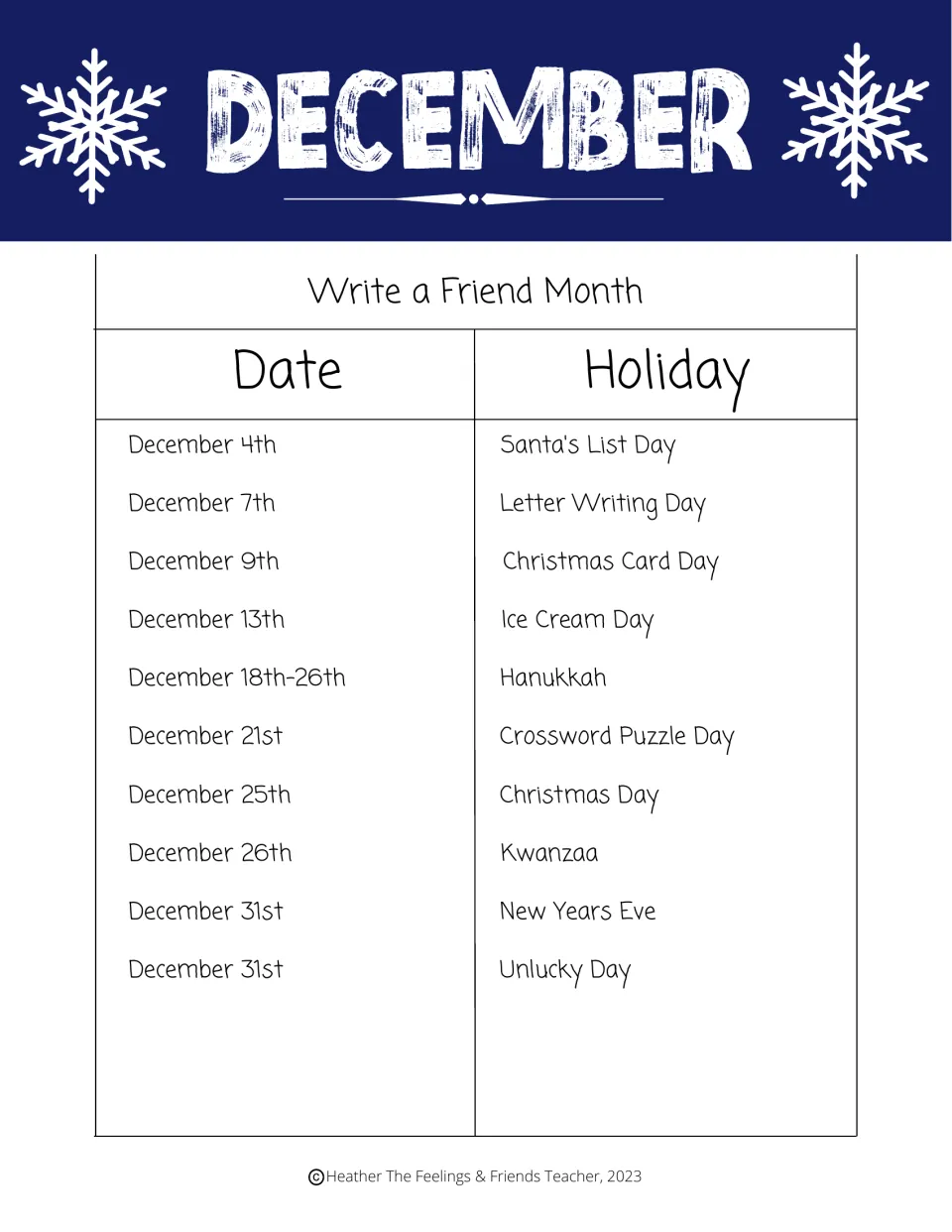 December holiday list: Write a Friend Month, Letter Writing Day, Hanukkah, Christmas Day, and Kwanzaa