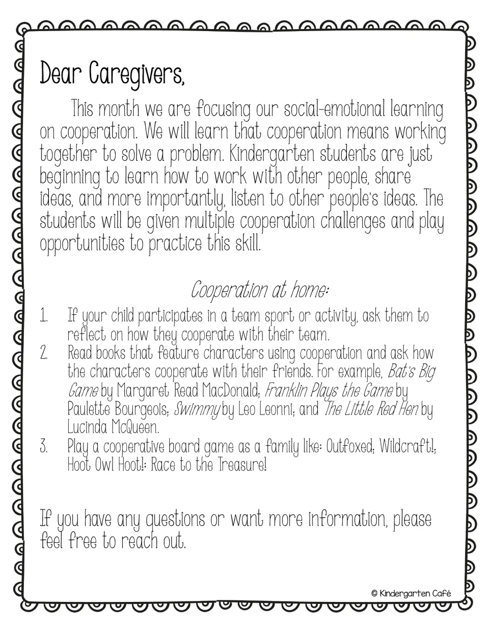 Caregiver letter on cooperation with home tips: reflect on team sports, read cooperation books, play cooperative games