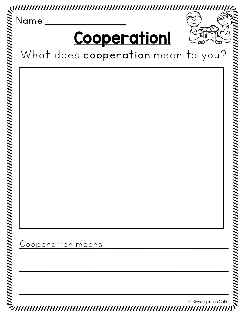 Cooperation response: students draw what cooperation means to them and finish the sentence starter "Cooperation means"