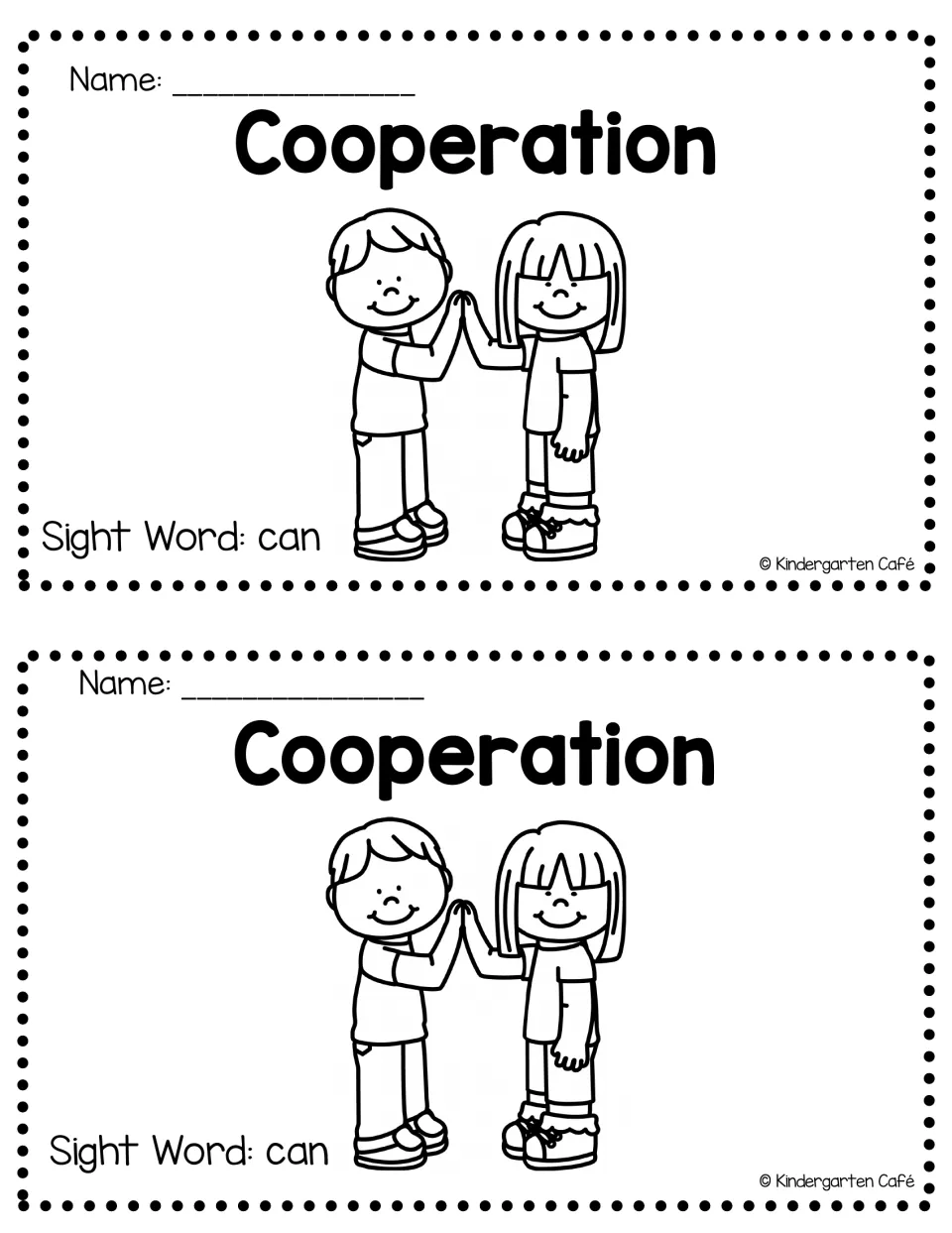 Cooperation mini-book cover, two per page, for students to name, with two children high-fiving and the sight word "can"
