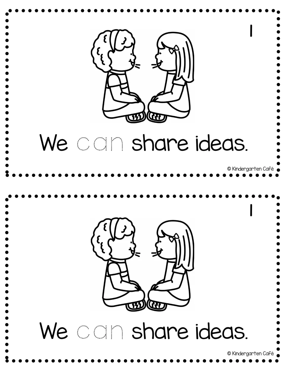 Mini-book page 1, two per page: children talking face to face with "We can share ideas." and a traceable sight word can