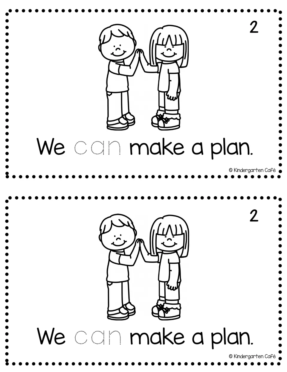 Mini-book page 2, two per page: two children high-fiving with "We can make a plan." and dotted can for tracing