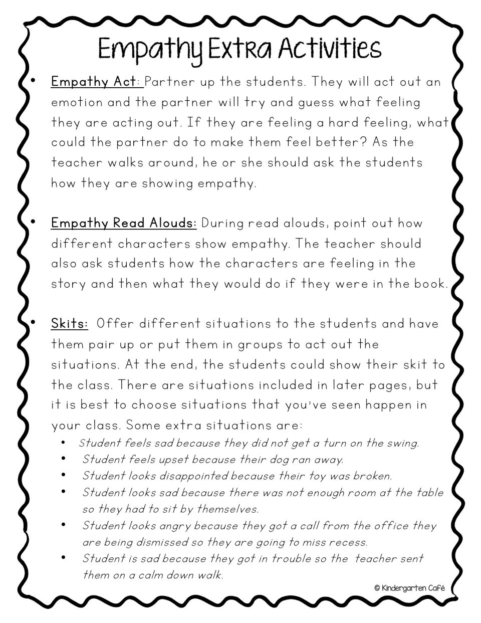 Empathy extra activities: teacher directions for a feelings guessing game, read-aloud talk and partner skit ideas