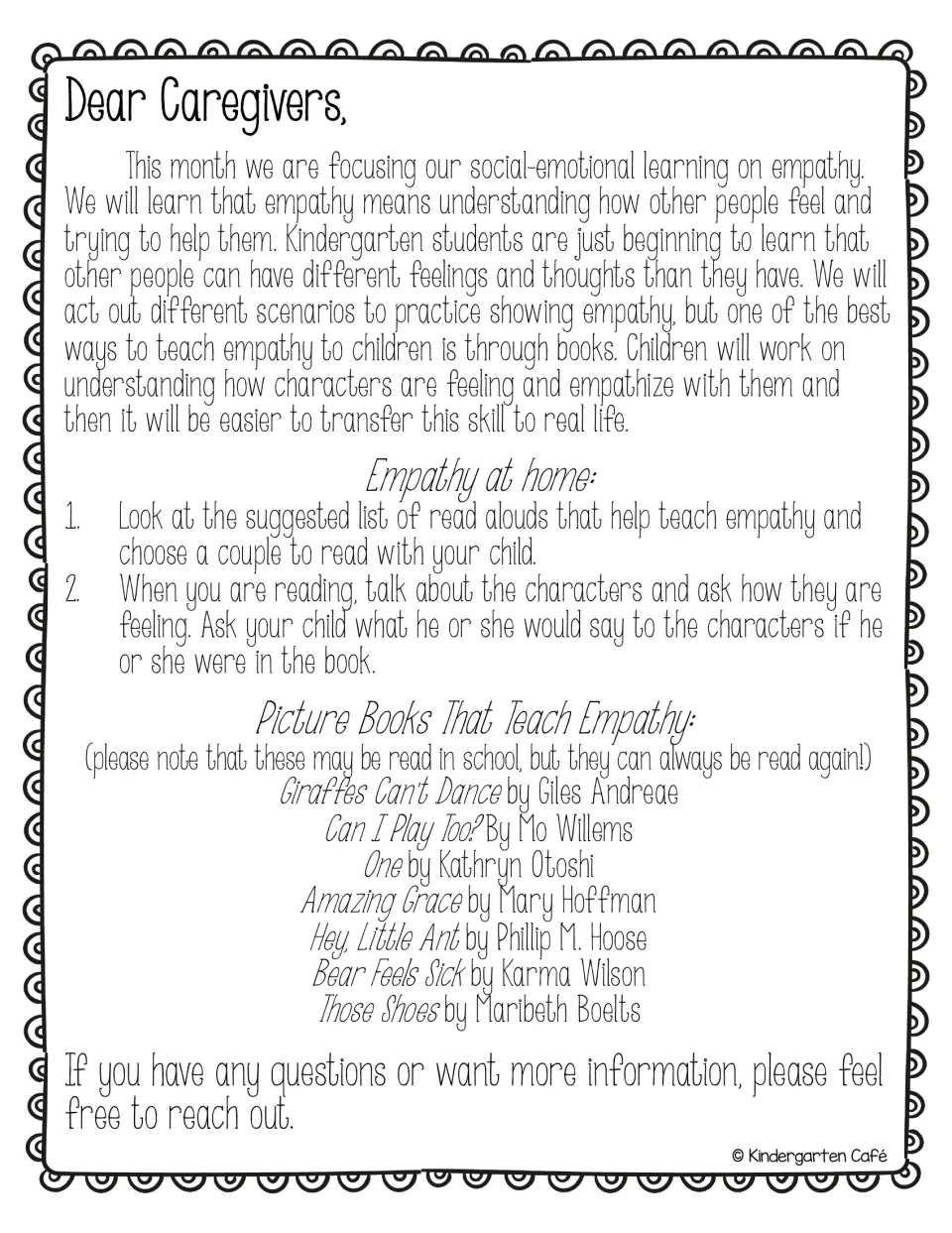 Caregiver letter on empathy: explains the unit focus, two reading tips for home and seven picture book suggestions