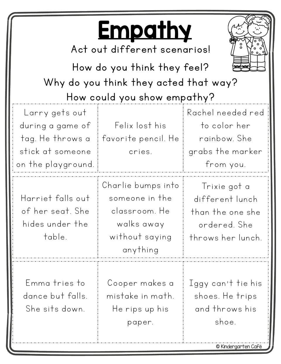Empathy scenario cards: students act out nine situations and discuss how each child feels and how to show empathy