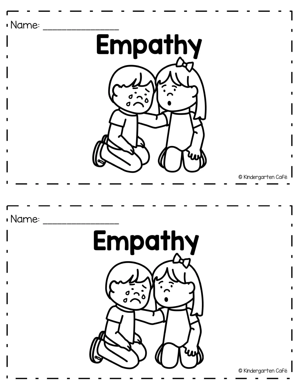 Empathy mini-book covers: two copies with a Name line and a child comforting a crying friend to colour