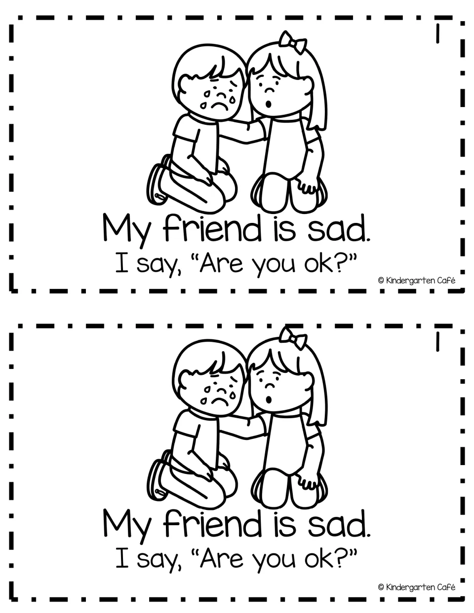 Mini-book page 1: My friend is sad. I say, Are you ok? with a girl comforting a crying boy, printed twice