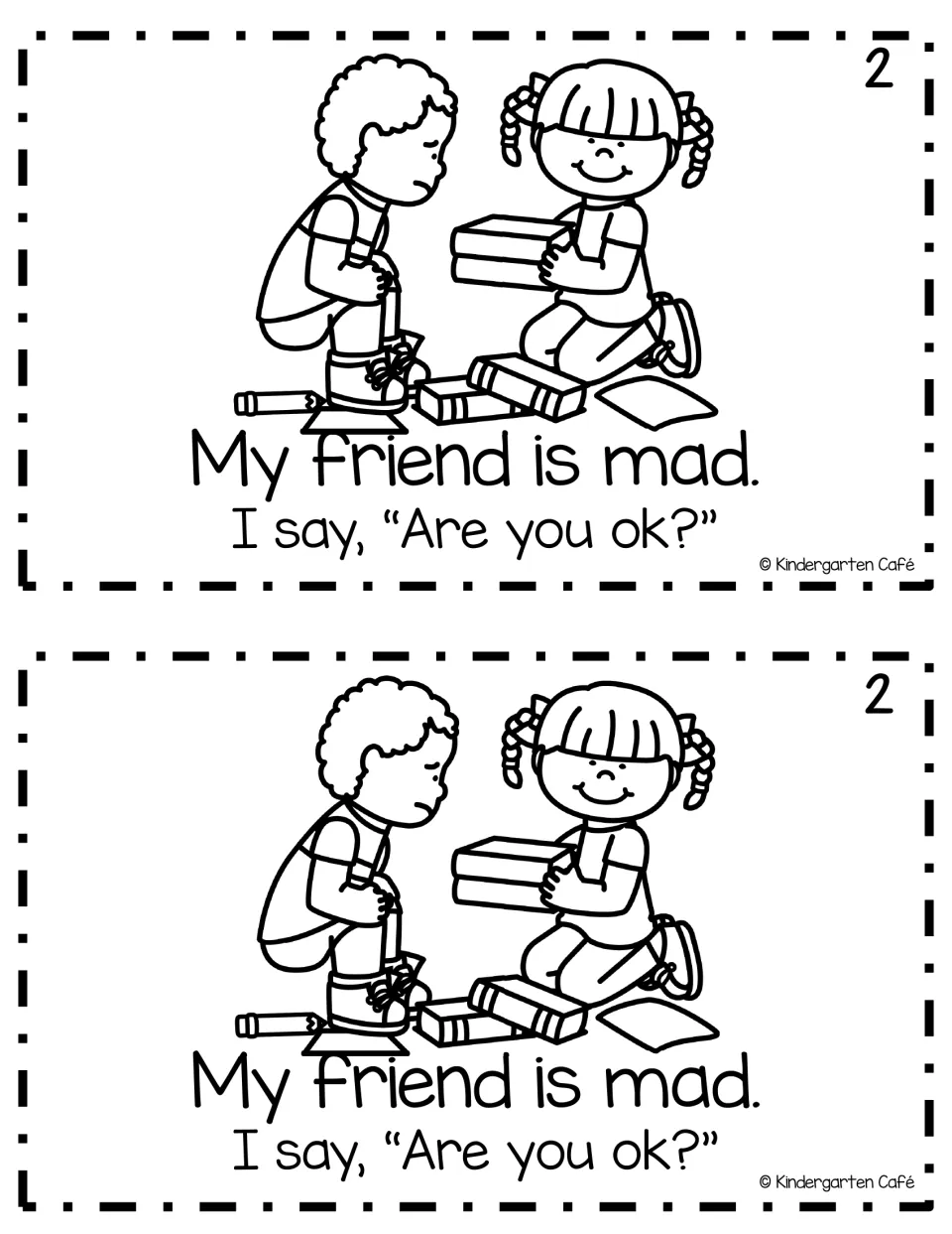 Mini-book page 2: My friend is mad. I say, Are you ok? with a smiling girl holding books beside a frowning boy