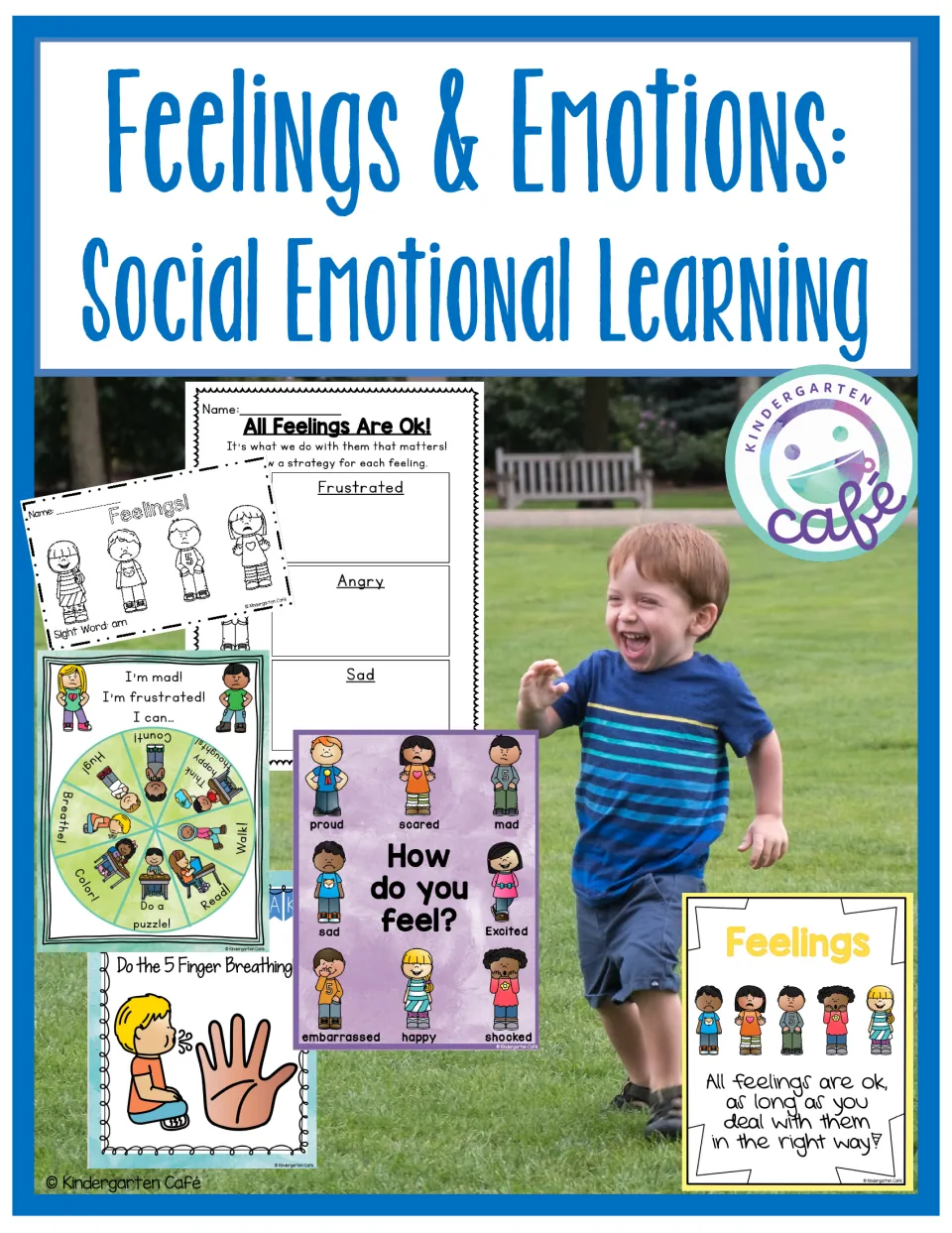 Feelings & Emotions cover showing a feelings poster, a strategy wheel, a 5 Finger Breathing sign and feelings worksheets