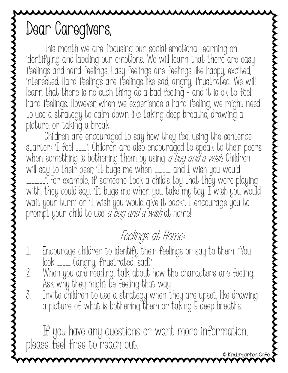 Dear Caregivers letter explaining easy and hard feelings, the I feel sentence starter, a bug and a wish, and 3 home tips