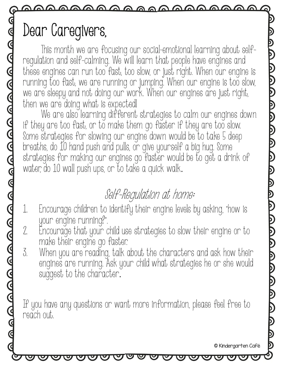 Caregiver letter on engines running too fast, too slow or just right, with calming strategies and 3 home tips