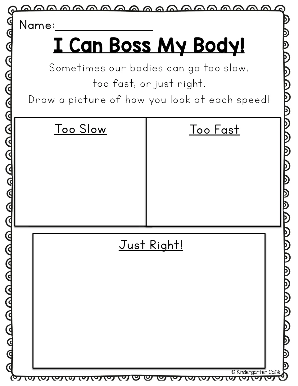 I Can Boss My Body drawing page: students draw how they look when their body goes too slow, too fast and just right