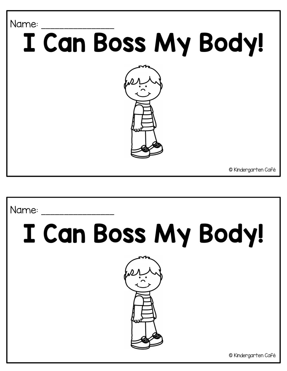 Mini-book cover printed twice: I Can Boss My Body with a name line and a boy to color, for students to cut apart