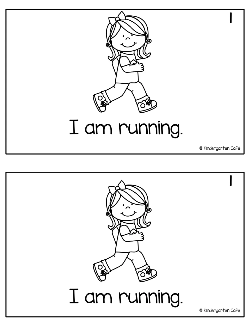 Mini-book page 1, printed twice: a girl running above the sentence "I am running." for early readers to read and color