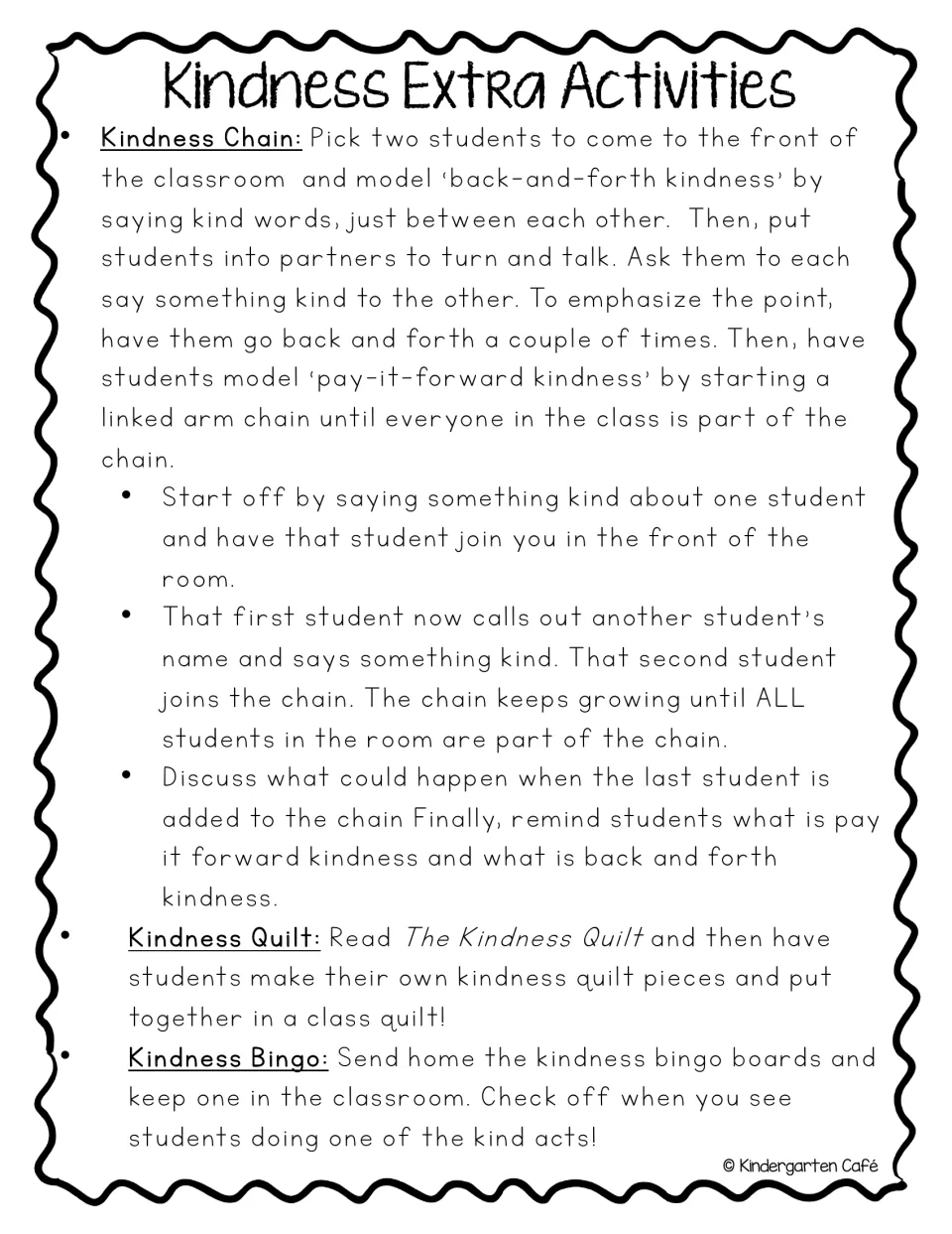 Kindness extra activities: directions for a class kind-words chain, a quilt from The Kindness Quilt and take-home bingo