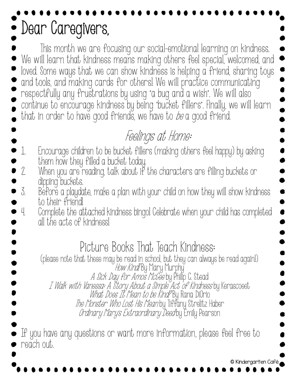 Dear Caregivers letter on the kindness focus with four bucket-filler tips under Feelings at Home and a picture book list