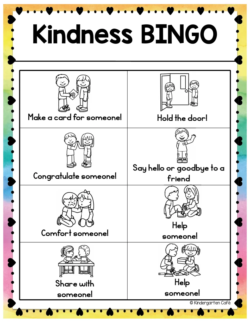 Color Kindness BINGO: eight pictured kind acts to check off, like making a card, holding the door, comforting, sharing
