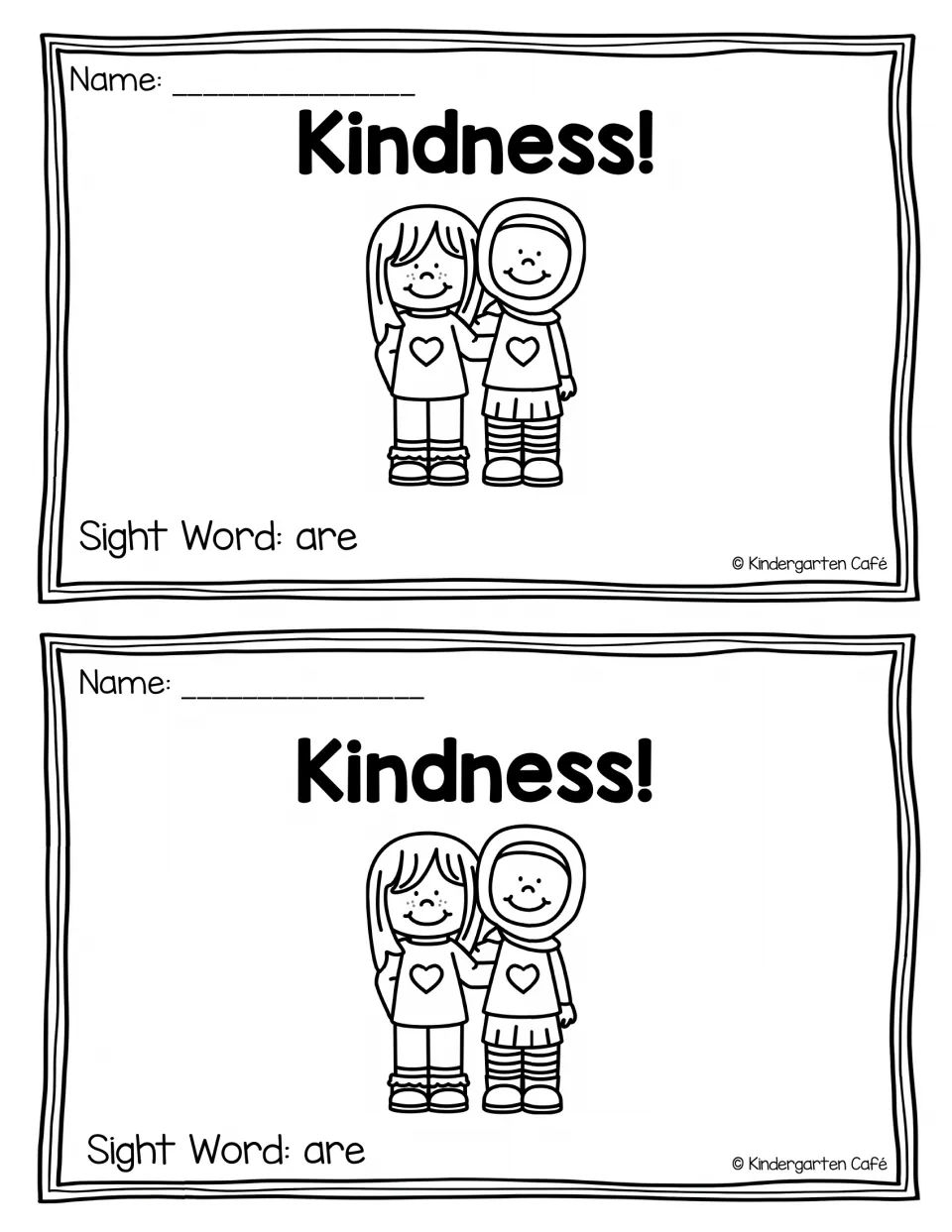 Kindness! mini book covers, two per page, each with a name line, two friends in heart shirts and the sight word are