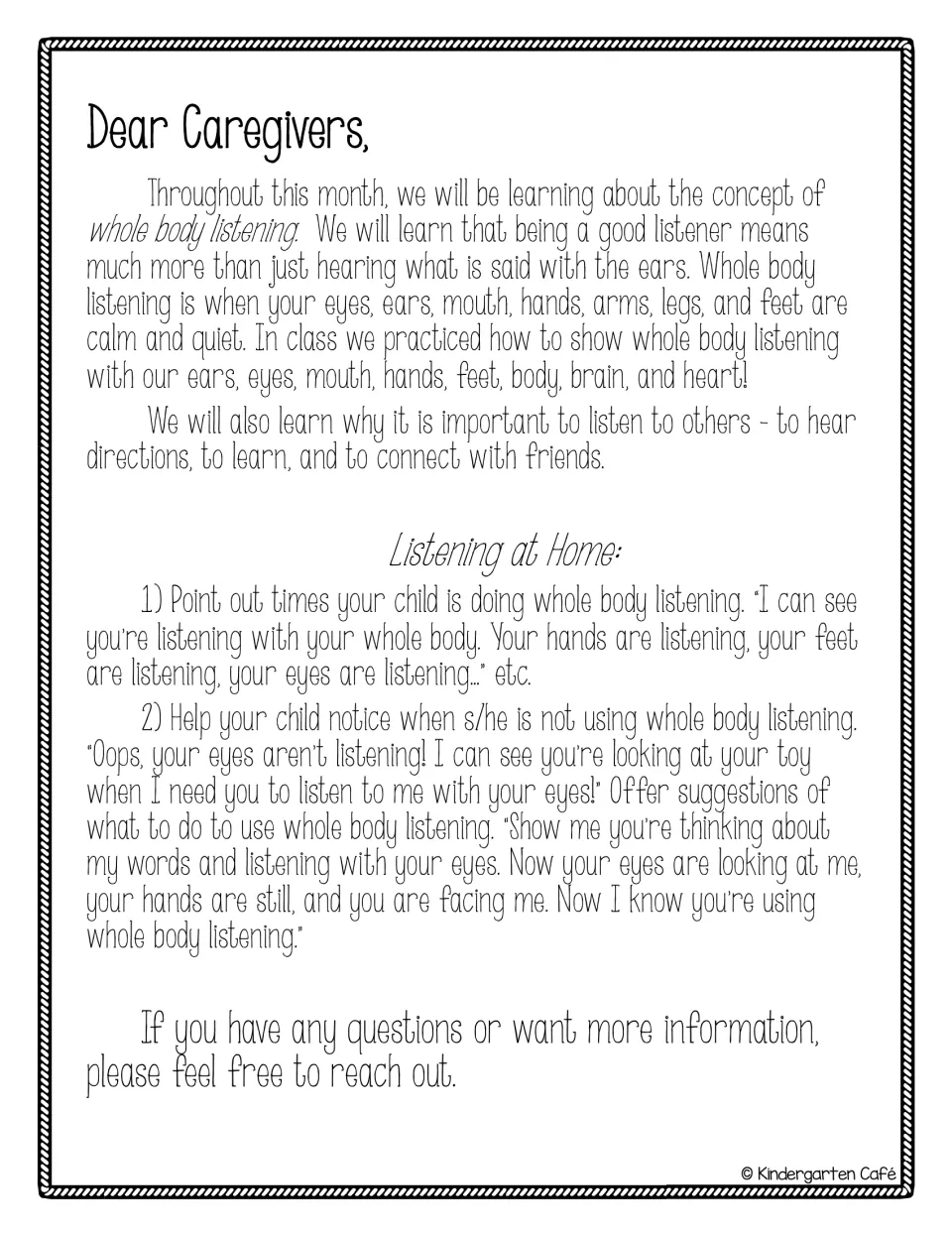 Caregiver letter explaining whole body listening, with two tips for spotting and coaching listening at home