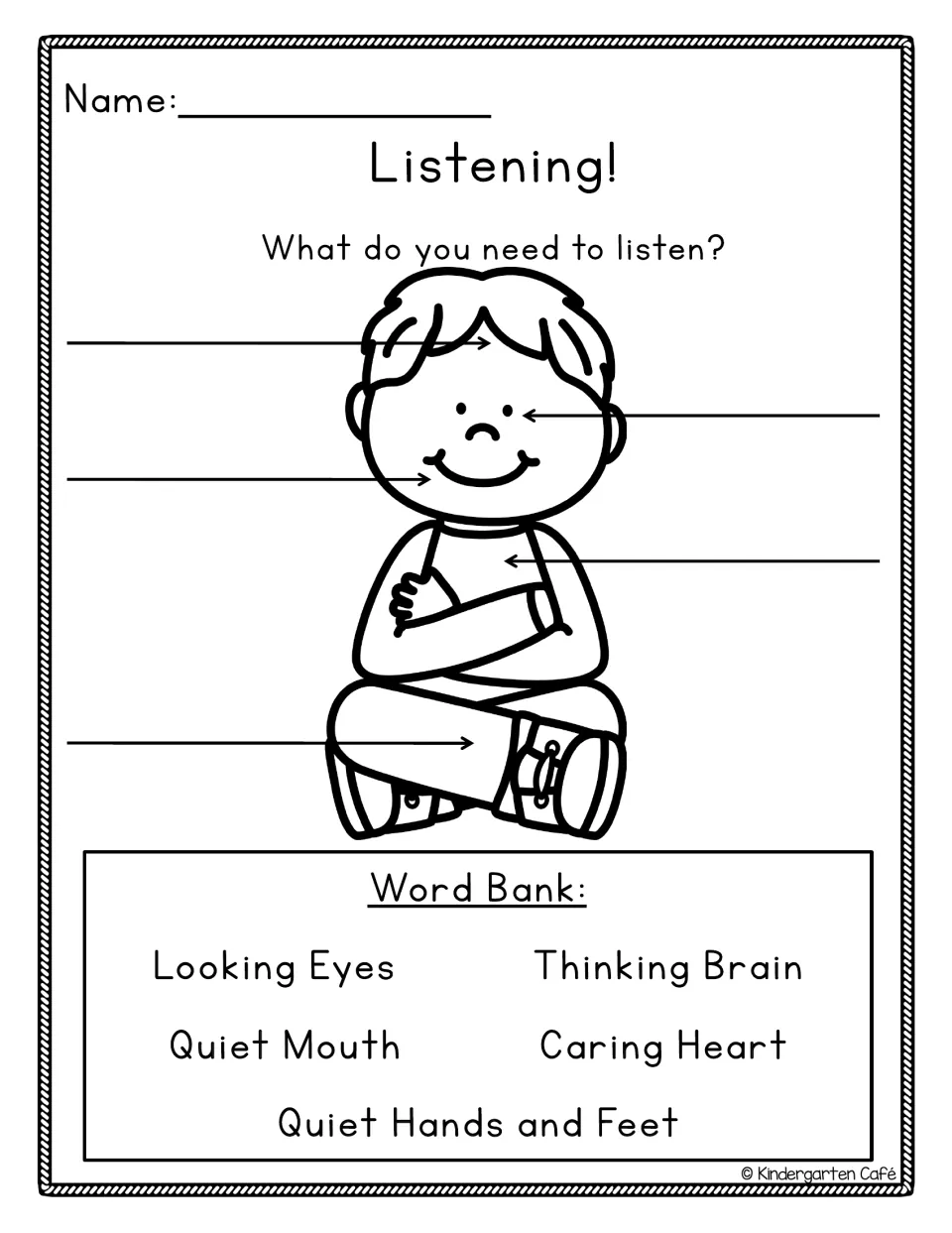 Whole body listening labeling: students label a seated boy using phrases like Looking Eyes, Quiet Mouth and Caring Heart