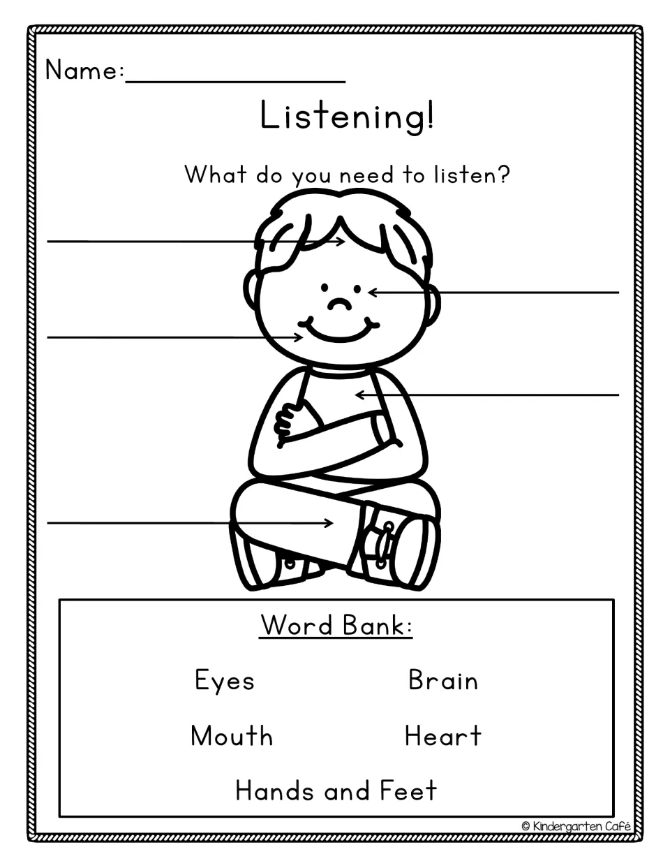 Whole body listening labeling: students label a seated boy with single words Eyes, Mouth, Brain, Heart, Hands and Feet