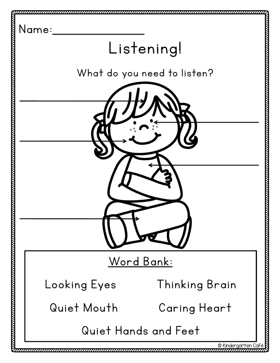 Whole body listening labeling: students label a seated girl with Looking Eyes, Thinking Brain, Quiet Hands and Feet