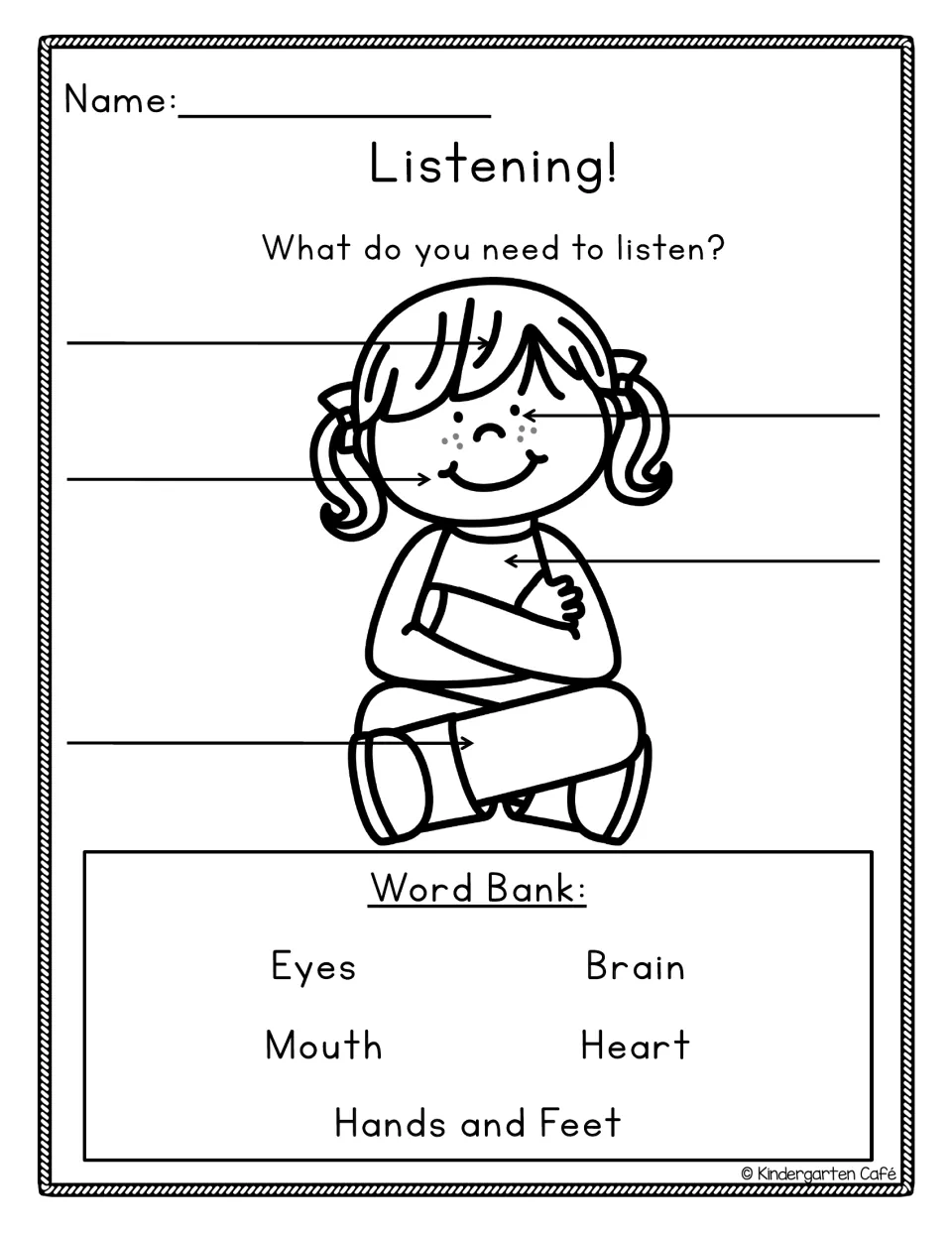 Whole body listening labeling: students label a seated girl with the words Eyes, Mouth, Brain, Heart, Hands, Feet