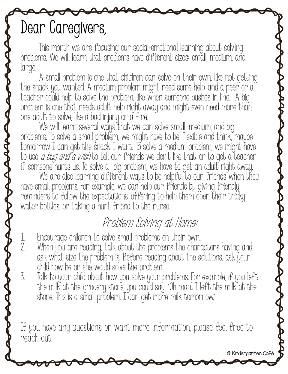 Caregiver letter explains small, medium, and big problems and offers three ways to practice at home