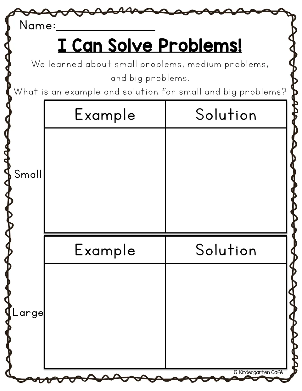 Problem-solving worksheet asks students to give an example and a solution for small and large problems