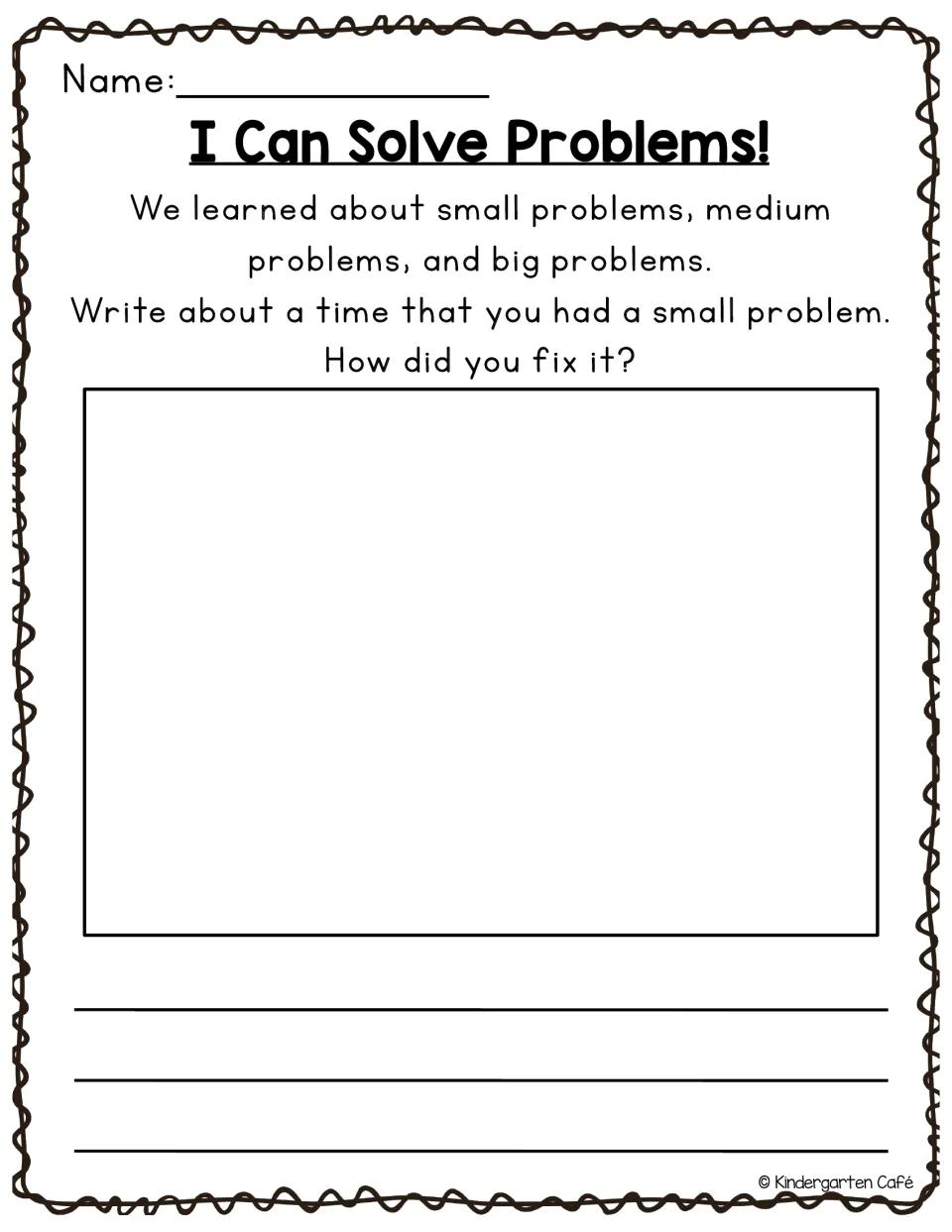 SEL reflection worksheet asks students to write about a time they had a small problem and how they fixed it