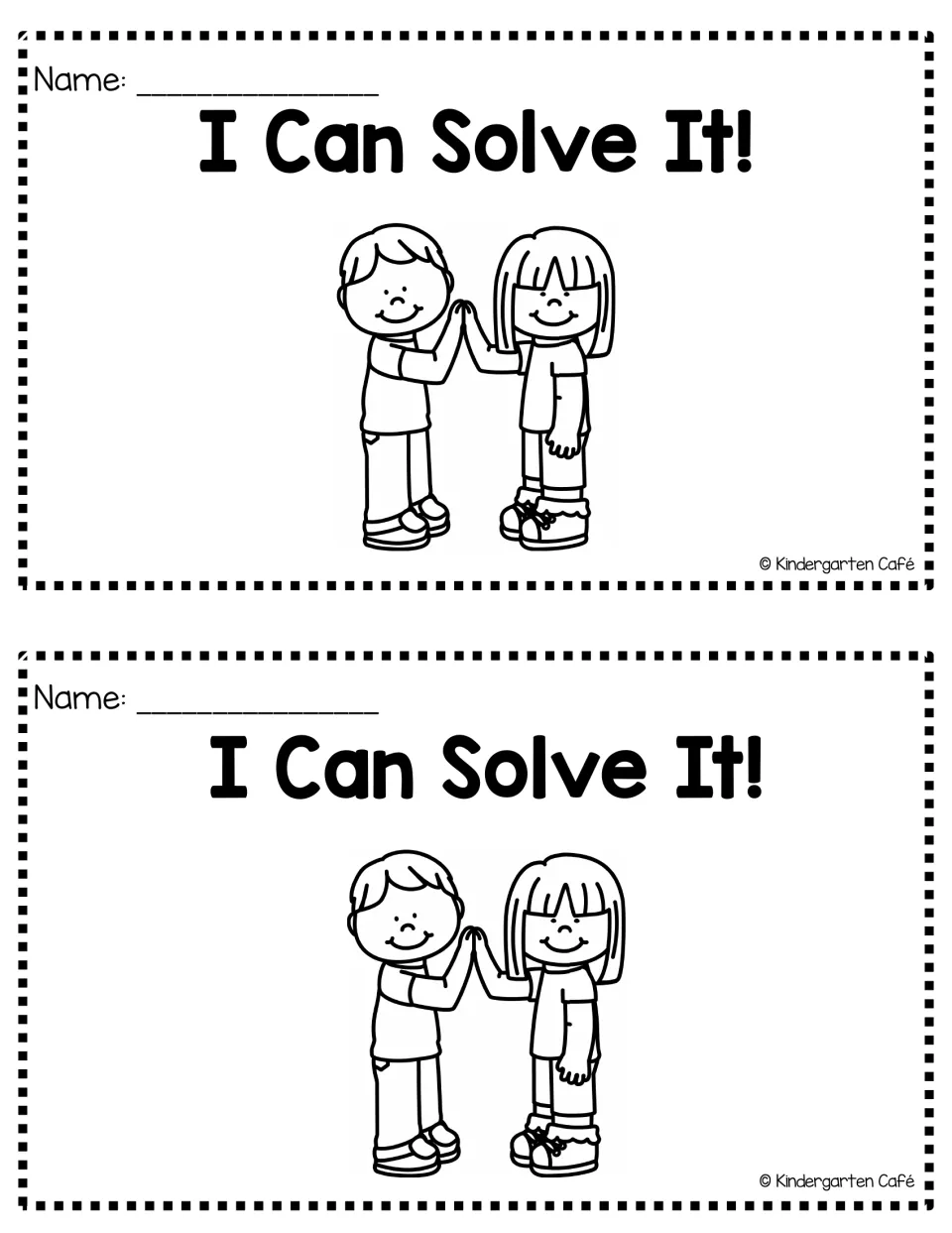 Emergent reader cover says 'I Can Solve It!' and shows two children high-fiving, printed twice per sheet