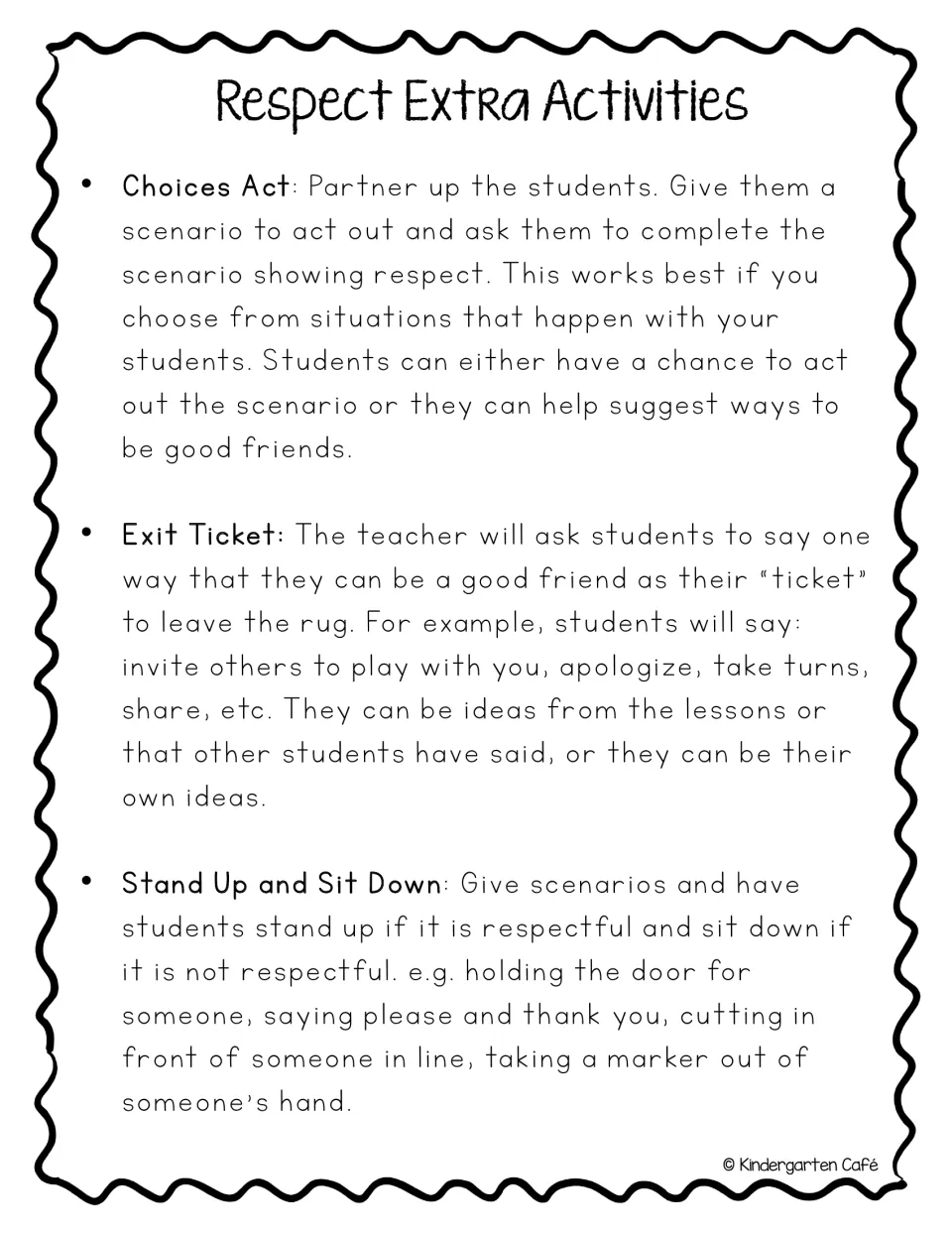 Respect extra activities: partner role-play Choices Act, a good-friend exit ticket and a Stand Up and Sit Down game