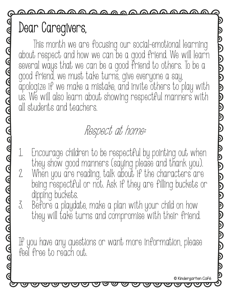 Caregiver letter on this month's respect focus: taking turns, apologizing, inviting others, plus three respect-at-home tips