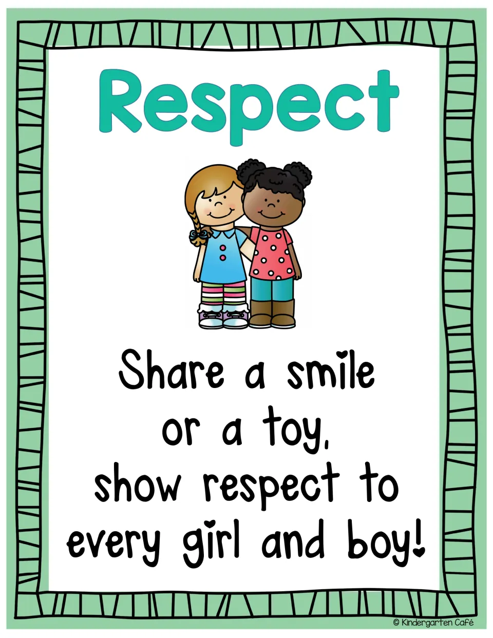 Respect poster with two smiling girls and the rhyme 'Share a smile or a toy, show respect to every girl and boy!'