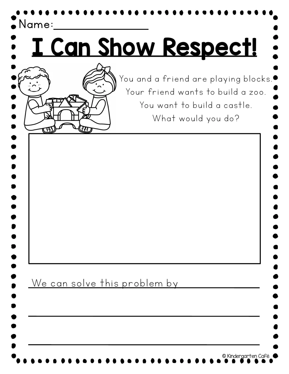 Problem-solving scenario: friends want to build a zoo or a castle; students draw and write 'We can solve this problem by'