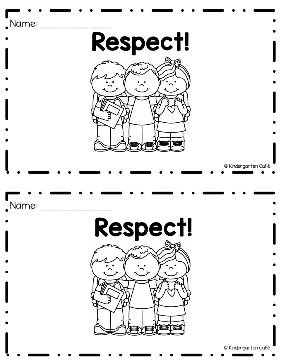 Two copies of a Respect! mini-book front page with a name line and three smiling classmates to color