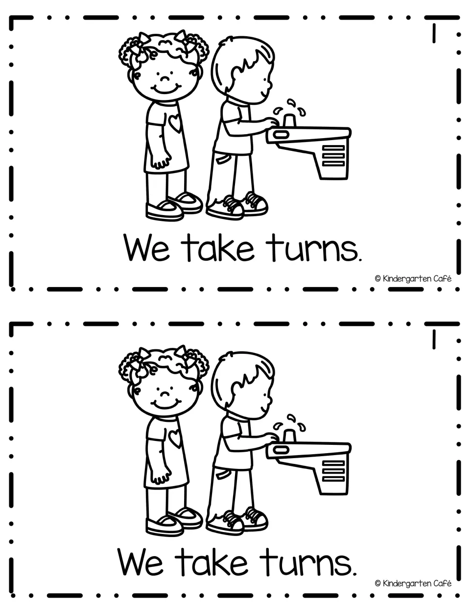 Mini-book page 1, printed twice: 'We take turns.' with a girl waiting while a boy drinks from a water fountain