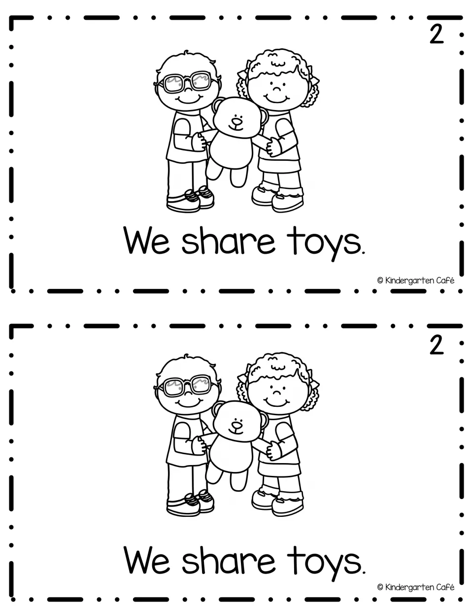 Mini-book page 2, printed twice: 'We share toys.' with a boy and a girl holding a teddy bear together