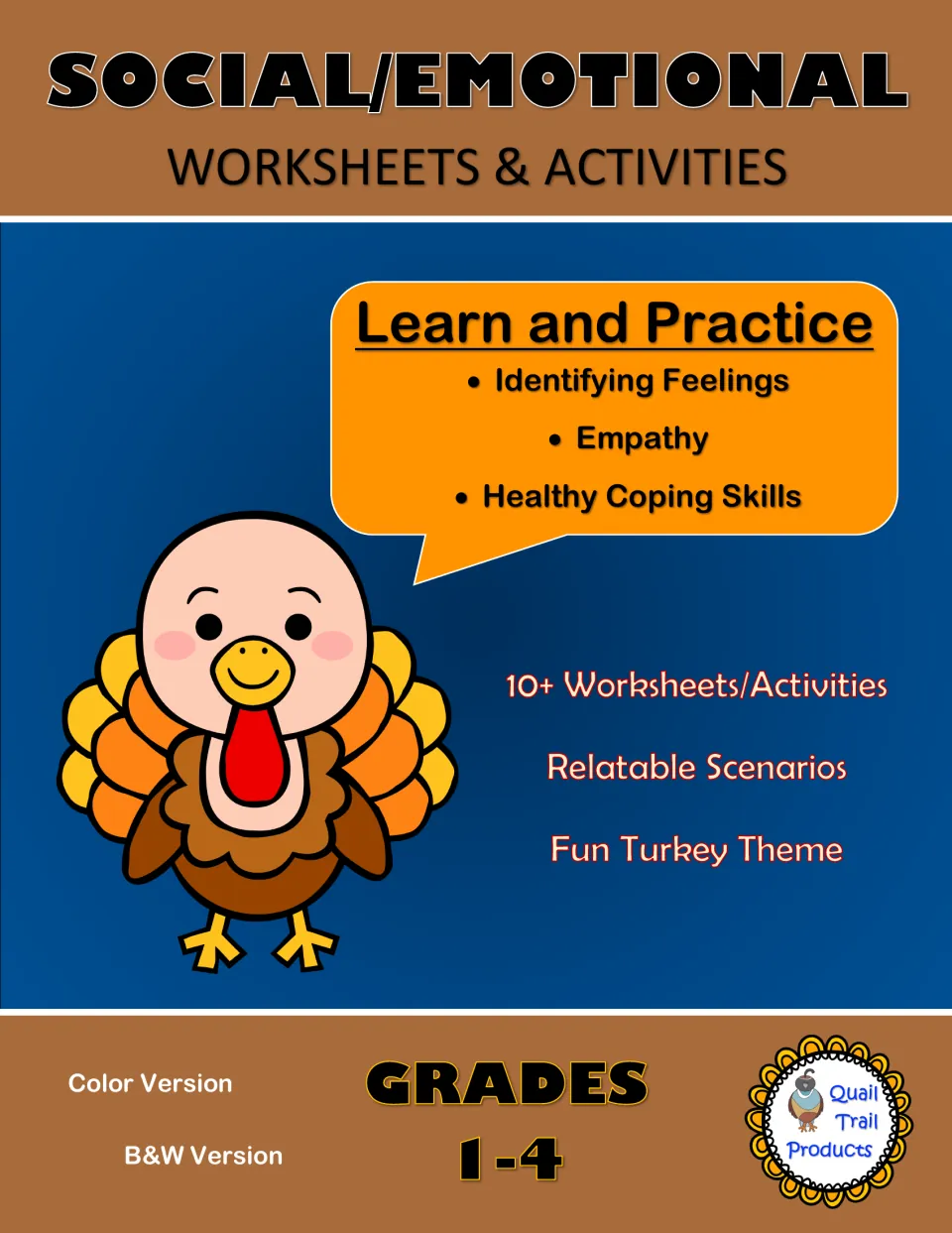 Turkey-theme cover for social/emotional worksheets: identifying feelings, empathy and healthy coping skills, grades 1-4