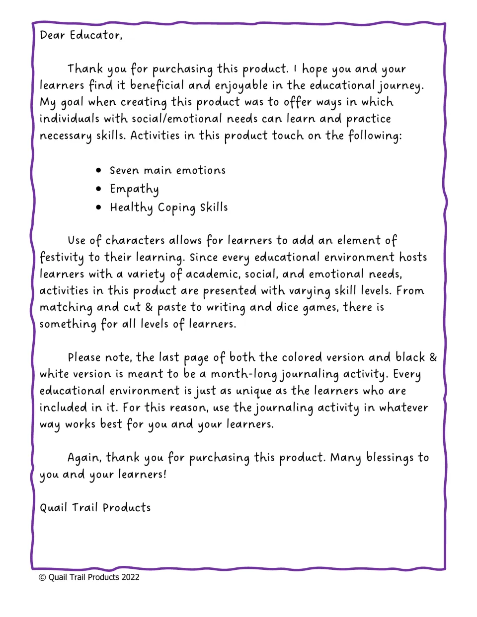 Dear Educator letter listing seven main emotions, empathy and coping skills, and noting a month-long journaling page