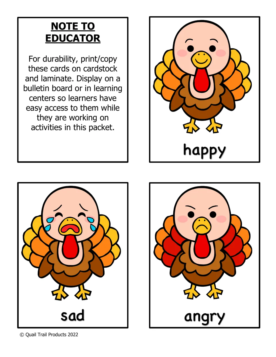 Emotion cards showing turkeys labeled happy, sad and angry, with a note to print on cardstock and laminate for display