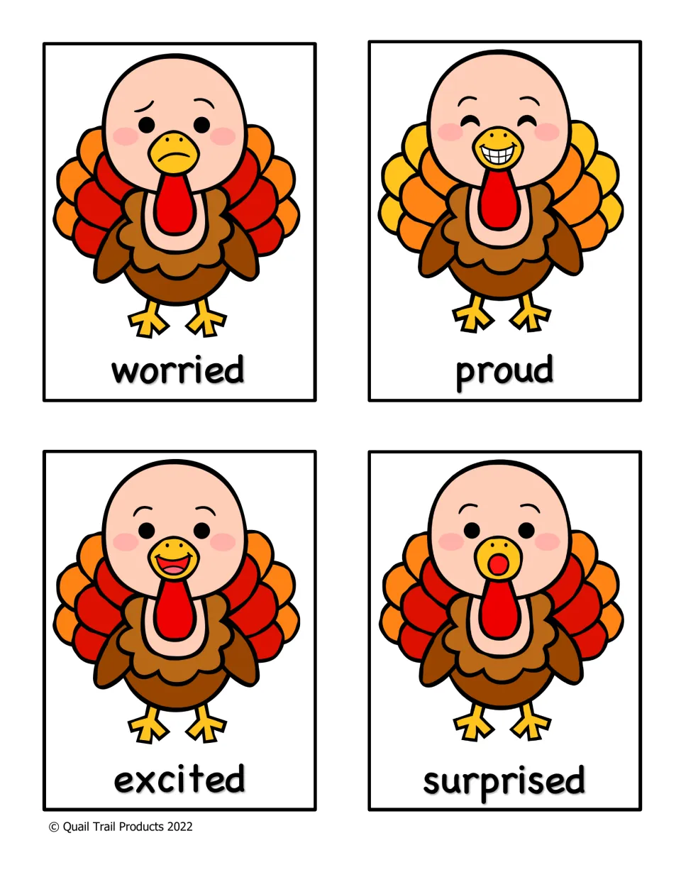 Emotion cards showing turkeys with worried, proud, excited and surprised faces, each labeled with the feeling word