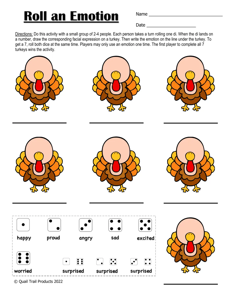 Roll an Emotion: small groups roll dice, draw the matching face on blank turkeys and write the emotion word below each