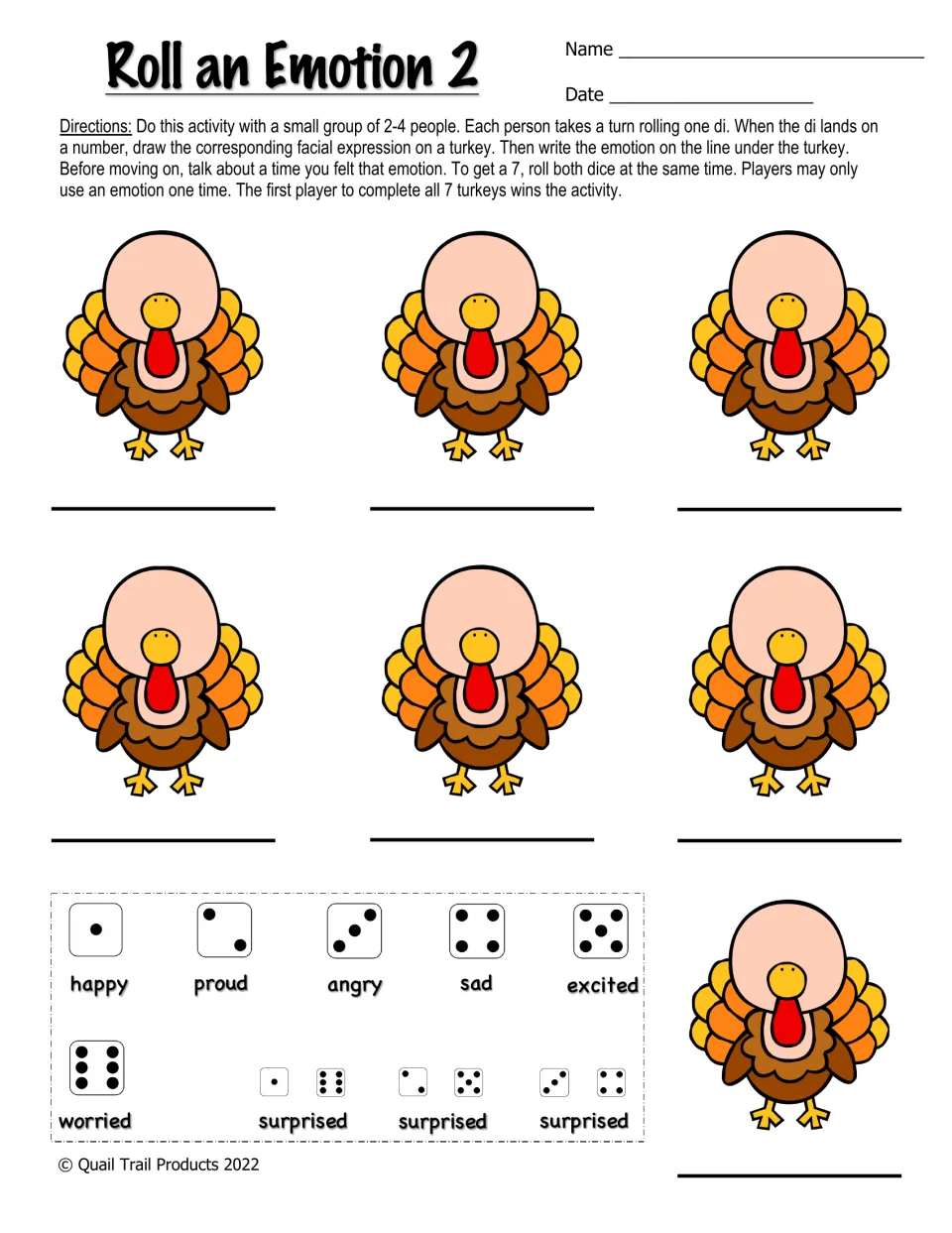 Roll an Emotion 2: players draw rolled feelings on turkeys, write the word, then tell about a time they felt that way