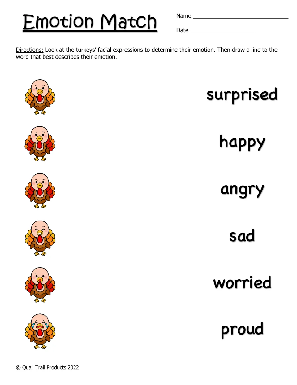 Emotion Match: students read six turkey facial expressions and draw a line to each matching feeling word