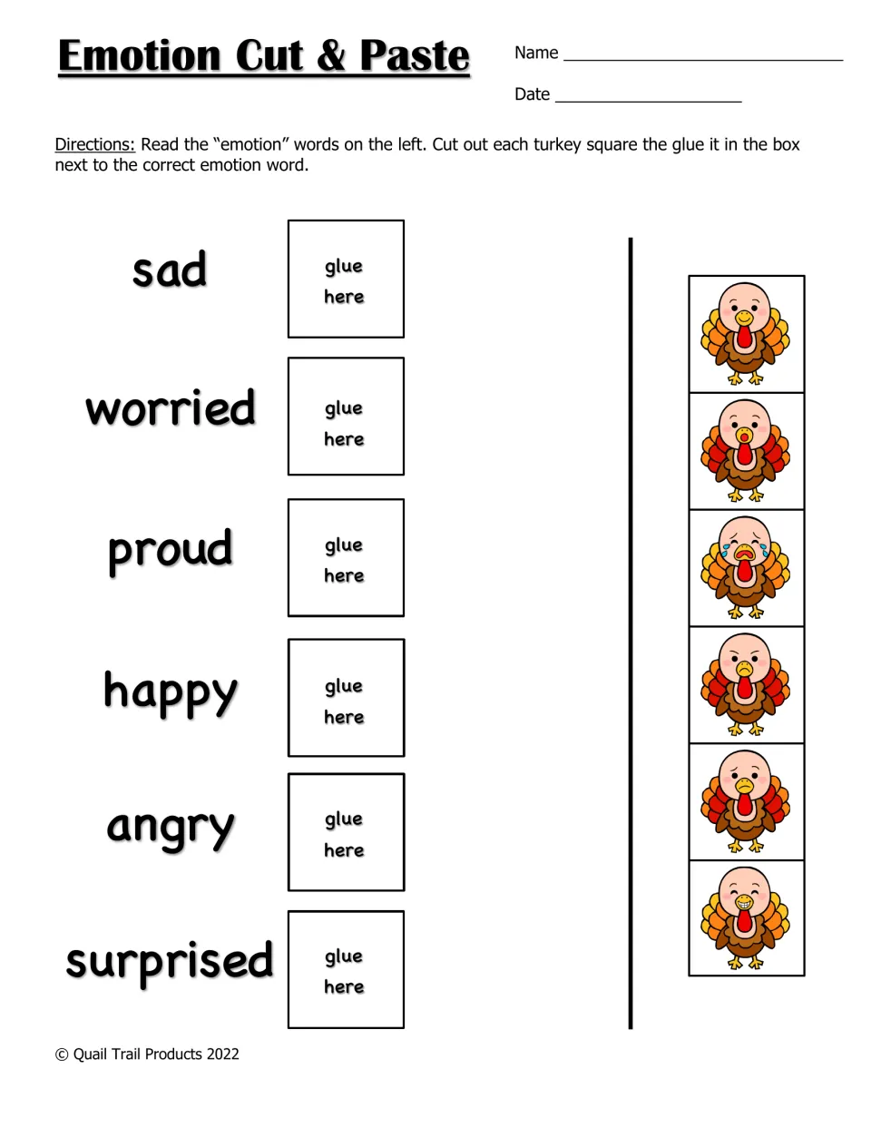 Emotion Cut & Paste: students cut out six turkey faces and glue each next to its emotion word, such as worried or proud