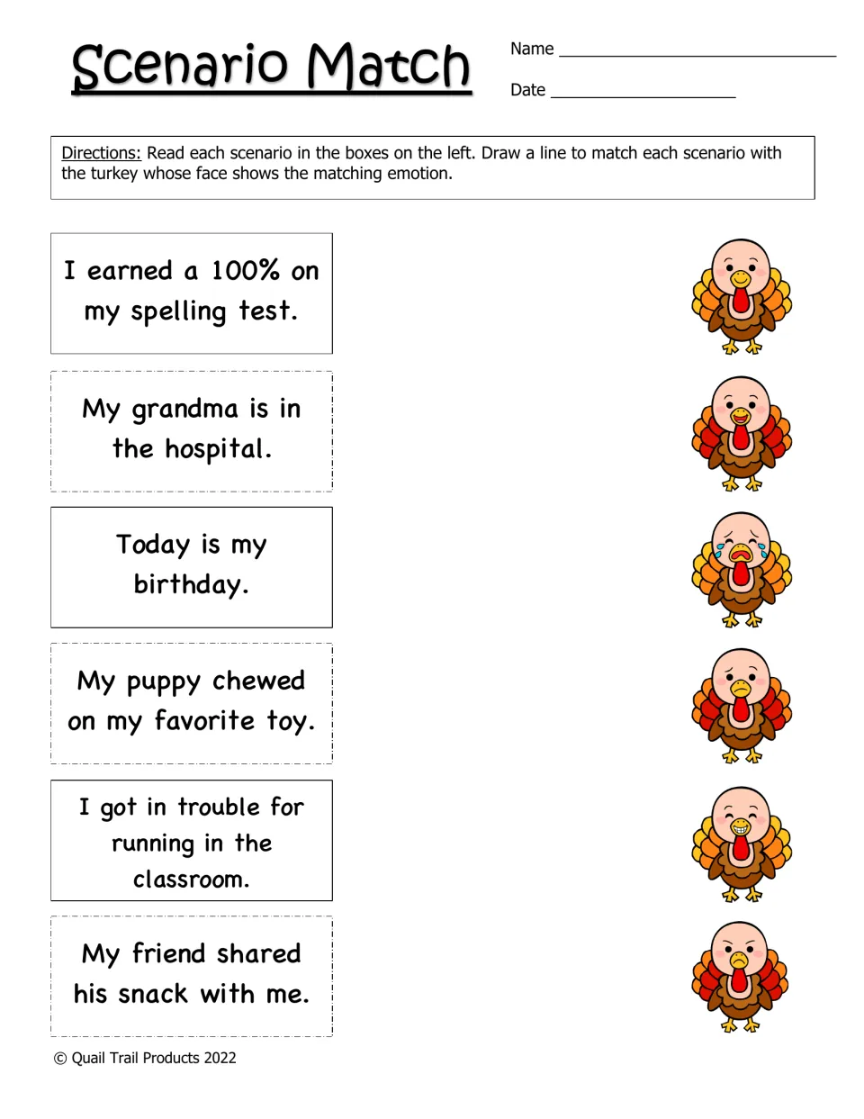 Scenario Match: students read six situations, such as a grandma in the hospital, and draw lines to matching turkey faces