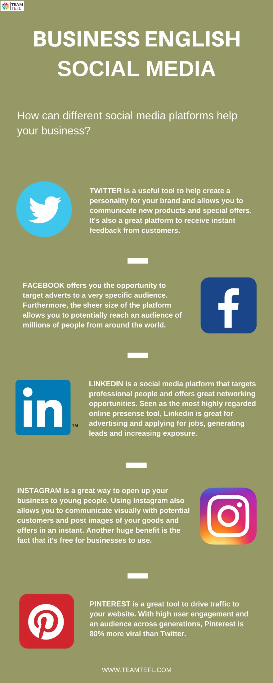 Business English social media infographic on how Twitter, Facebook, LinkedIn, Instagram and Pinterest help a business