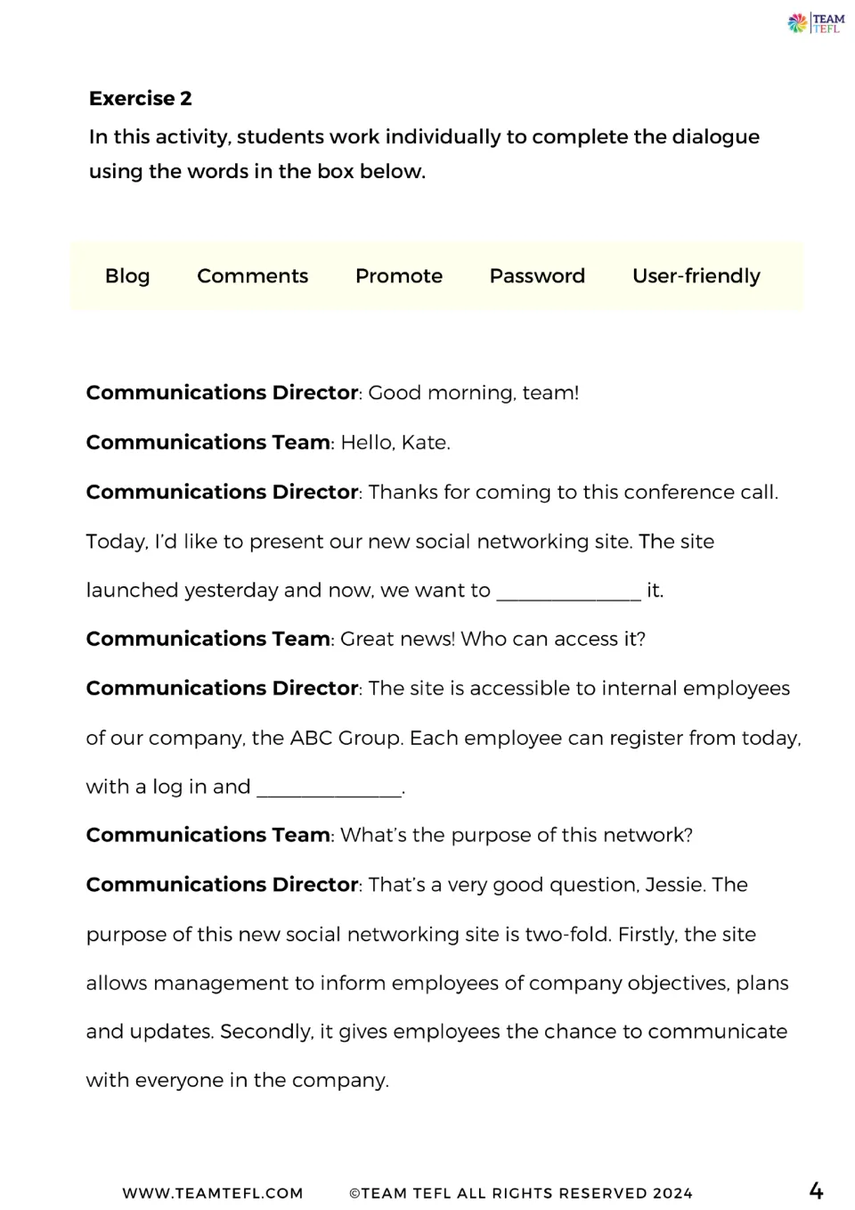 Exercise 2 gap-fill dialogue: students complete a director's call about a company site using blog, password and promote